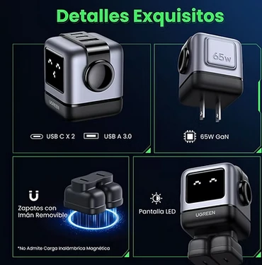 UGREEN Cargador 65w Robot Nexode GAN Carga Rápida 2 TIPO C + 1 USB-A